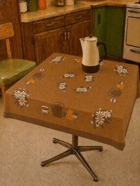 Title: Vintage MCM Coffee & Daisies Luncheon Tablecloth 34” Square